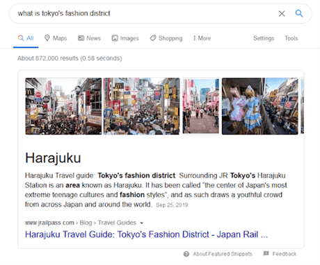 Featured snippet example for "Harajuku" search