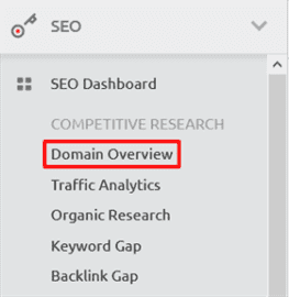 Screenshot of the 'competitive research' section of Semrush's navigation bar, with the 'domain overview' option highlighted.
