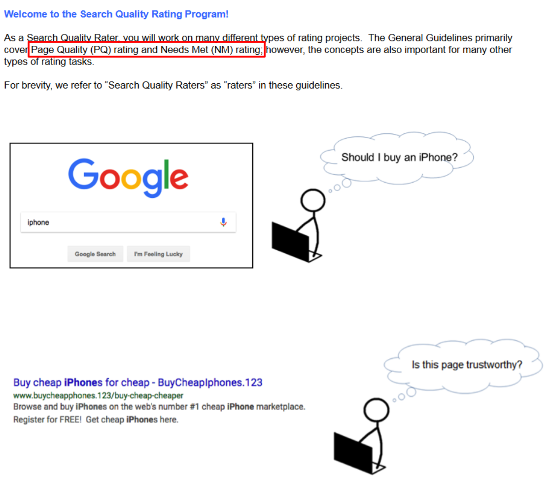 A screenshot of the first page of Google's 2020 Search Quality Rater Guidelines, containing both text and images.