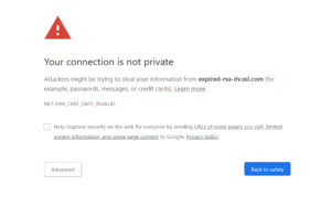 Warning page from Google Chrome titled 'Your connection is not private
