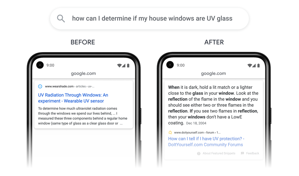 Before and after screenshot of a mobile search for the query 'how can I determine if my house windows are UV glass.