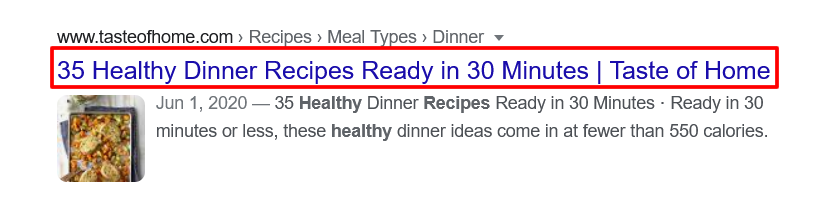 Search result for a 'Taste of Home' article about healthy dinner recipes, with the title highlighted.