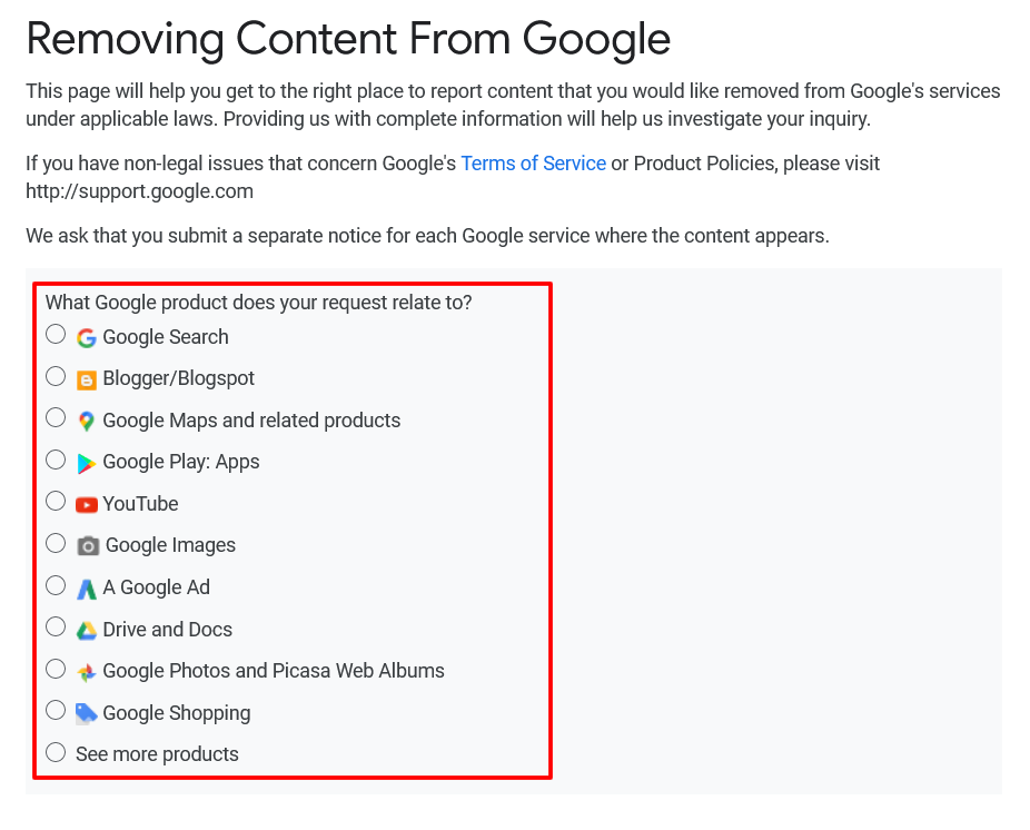 alt="Screenshot of a page titled 'Removing Content From Google' with a list of Google products highlighted.