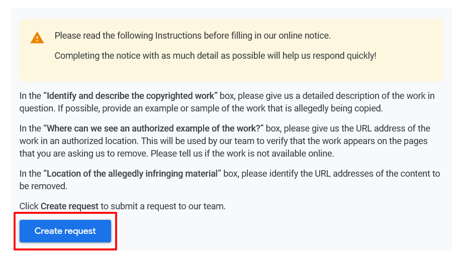 Screenshot of Google's content removal request instructions, with a button called 'Create request' highlighted