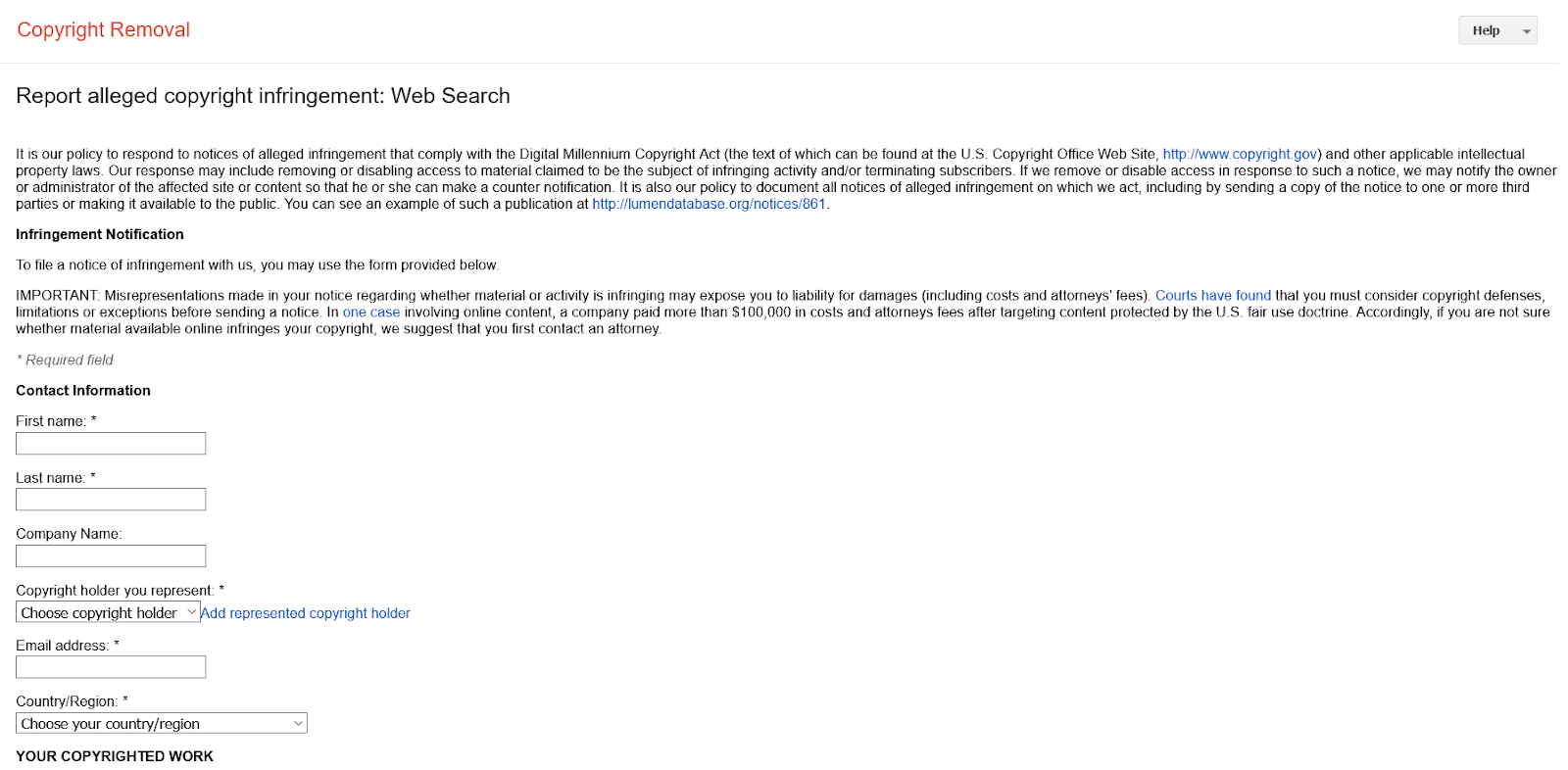 Screenshot of Google's 'Copyright Removal' request form