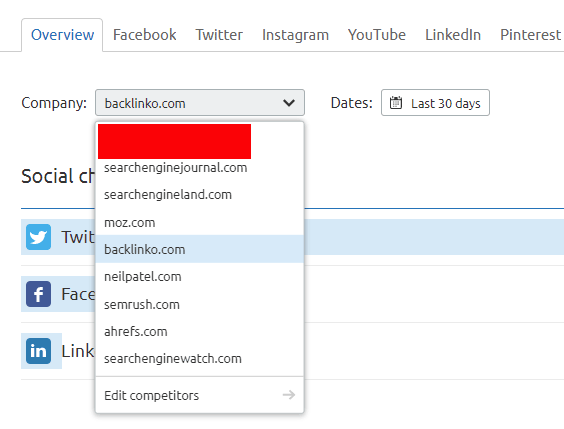 Drop down menu listing a number of competitor URLs.