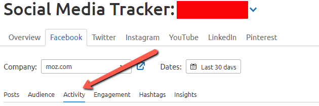 Semrush tool titled 'Social Media Tracker' with the 'Activity' tab indicated by a red arrow.