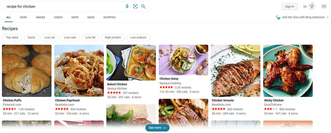 Screenshot of the new Bing recipe search
