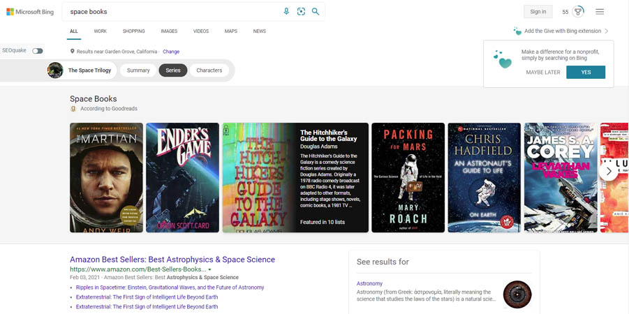 Screenshot of Bing search results for the query 'space books' with various book covers displayed.