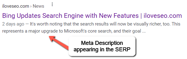 Screenshot of iloveseo article demonstrating the meta description in the SERPs.