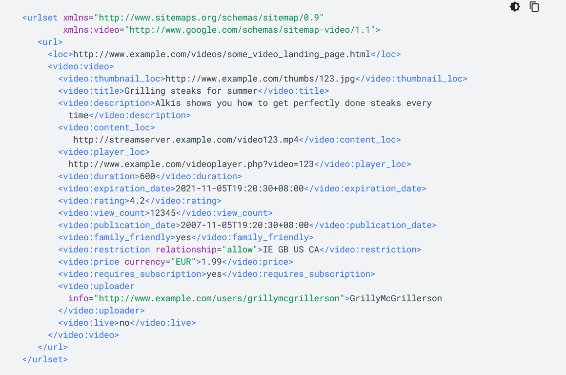 Sample video sitemap code including every tag Google uses.