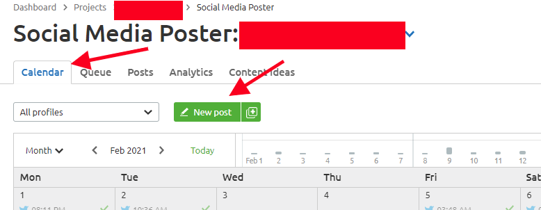 A calendar titled 'Social Media Poster' with the 'Calendar' tab and 'New post' button indicated by red arrows.