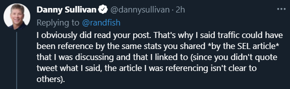 Tweet from Danny Sullivan stating that he 'obviously did read' Fishkin's post.