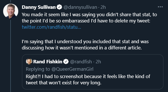 Tweet from Danny Sullivan clarifying his earlier points.