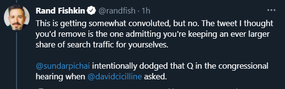 Tweet from Rand Fishkin acknowledging former questions being asked about this topic during the congressional hearing.
