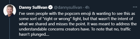 Tweet from Danny Sullivan telling Barry Schwartz that the issue isn't one of who's right and who's wrong.