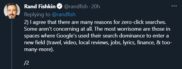 A tweet from Rand Fishkin stating that he agrees that there are many reasons for zero-click searches.