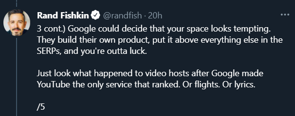 Tweet from Rand Fishkin explaining that Google could enter and rank highly for any sector.