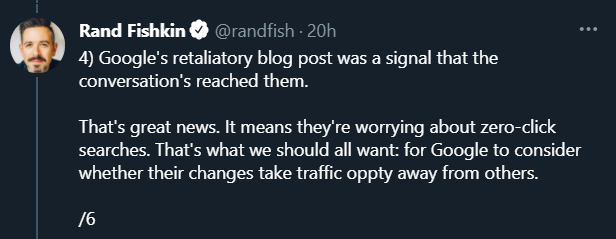 Tweet from Rand Fishkin saying that it's great news that Google is worrying about zero-click searches.