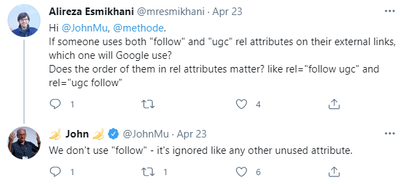 Screenshot of tweet showing John Mueller saying that rel=follow does not exist
