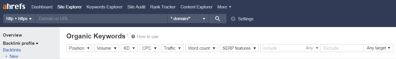 The search bar of Ahrefs' organic keywords report.