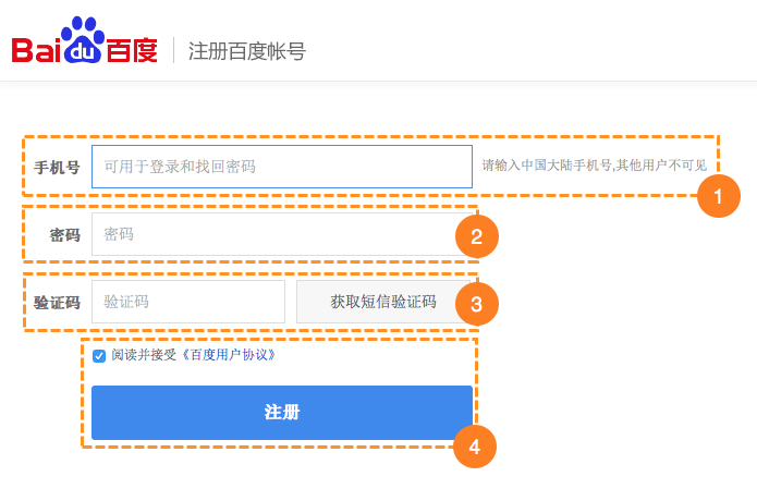 The registration page for Baidu Webmaster Tools, with each step numbered and outlined in orange.