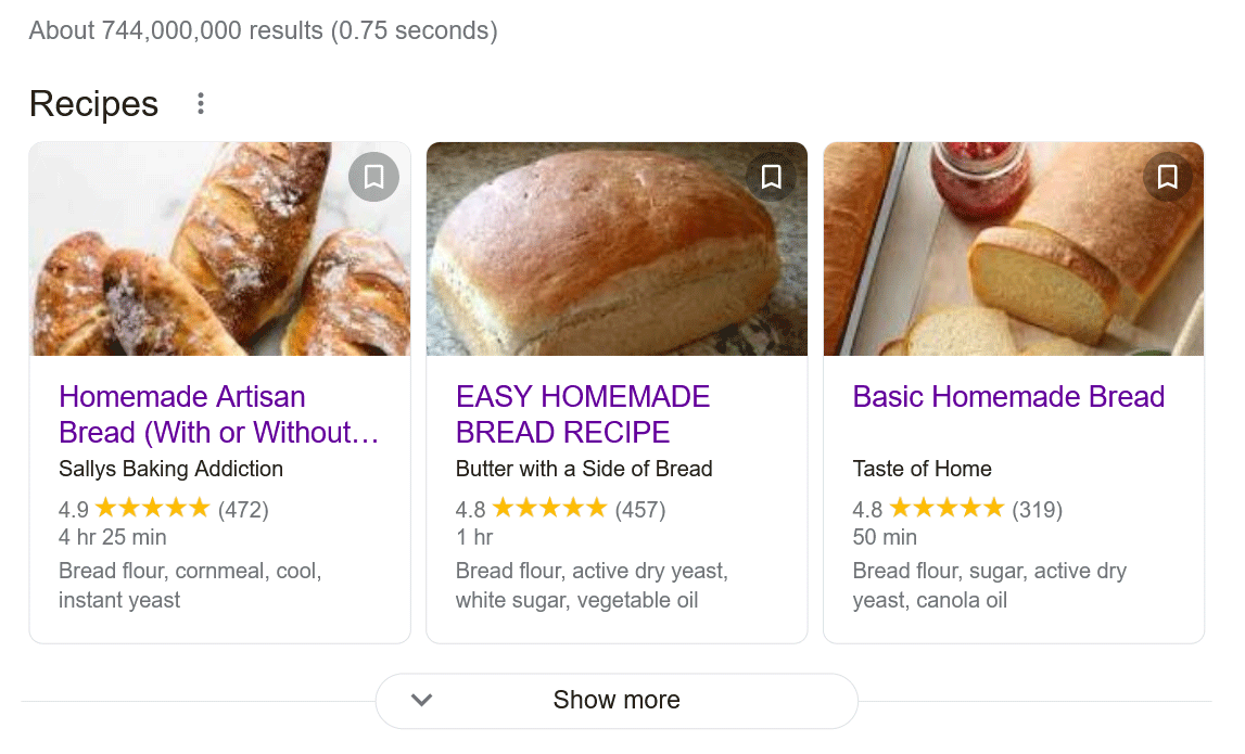 Screenshot of three Featured Snippets for the Google query 'bread recipe,' all of which include photos, ratings and baking time.