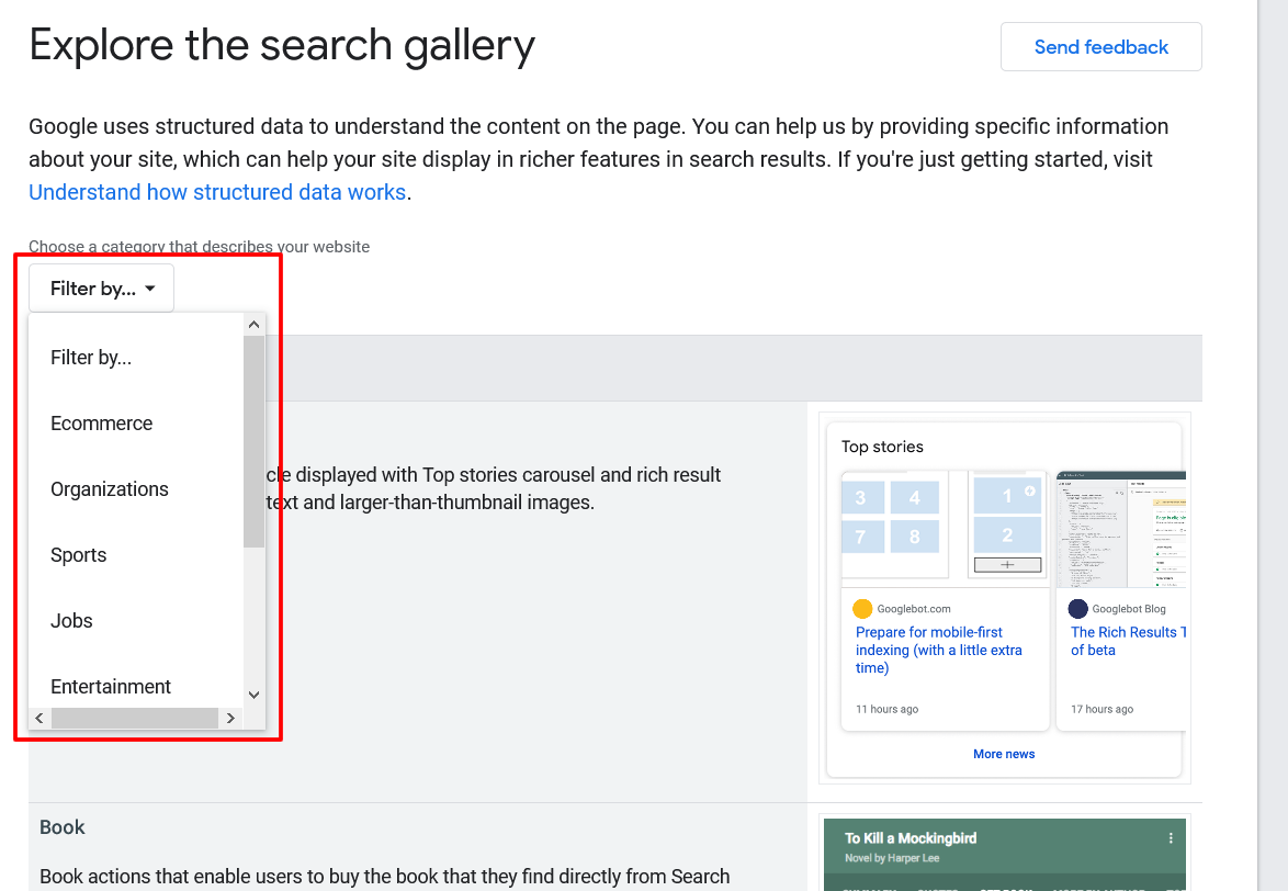 Google's 'Explore the Search Gallery' page, with the 'filter by...' drop-down menu outlined in red