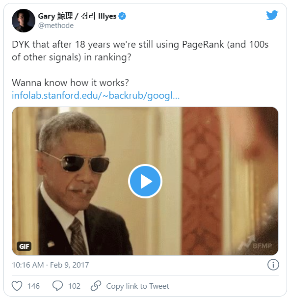 Screenshot of a tweet from Gary Illyes explaining that Google still uses PageRank after 18 years.