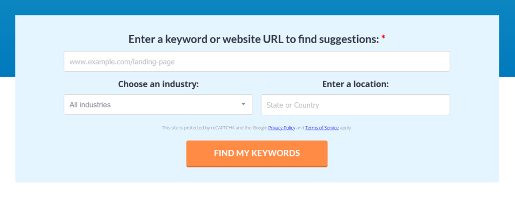 Screenshot of the user interface for WordStream's Free Keyword Tool.