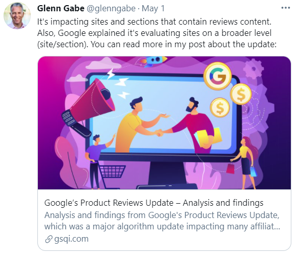 Screenshot of tweet from Glenn Gabe explaining in more detail the impact of the product reviews update