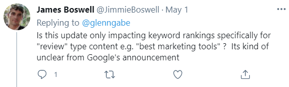 Screenshot of tweet from James Boswell asking Glenn Gabe regarding more specifics on the product reviews update