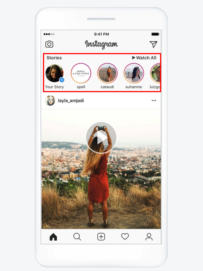 The Instagram app open on a white smartphone, with the 'Stories' section at the top outlined in red.
