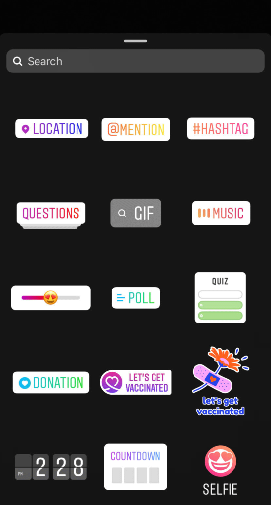 Instagram's full selection of stickers, including those for questions, gifs, music and more.