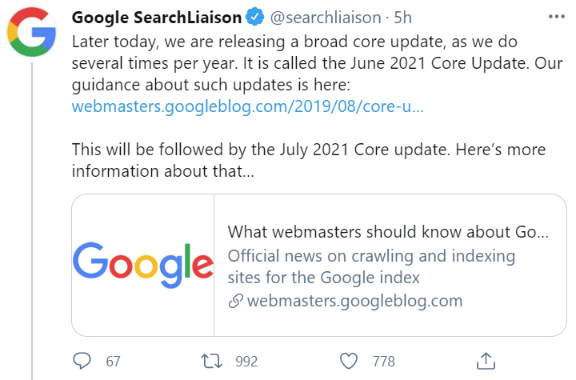 Tweet from Google Search Liaison announcing the broad core update being released today.