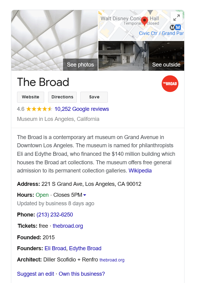 The Google My Business Listing for The Broad Museum in Los Angeles, California.