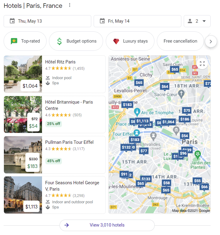 Screenshot of a rich snippet featuring Hotels in Paris, France.