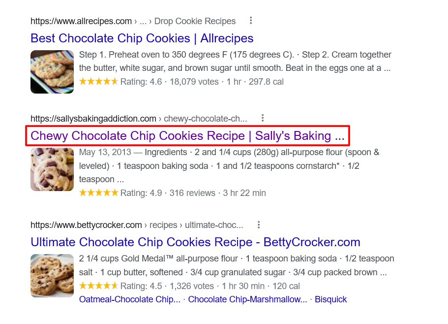 Google search results for chocolate chip cookies recipes, with the purple text of the middle result's title outlined in red.