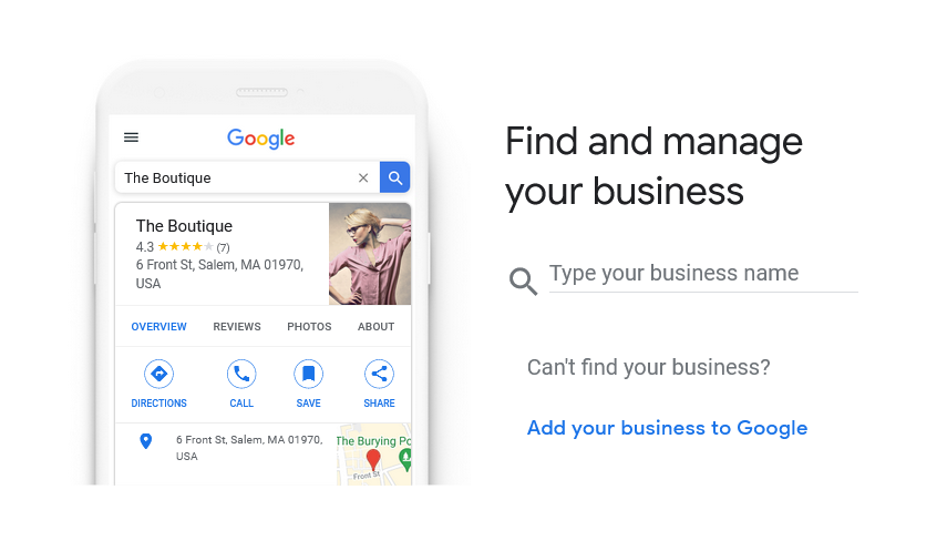 A page on the Google My Business site titled 'Find and manage your business' with a search bar to type in.