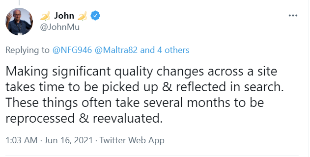 Screenshot of tweet from John Mueller about quality changes