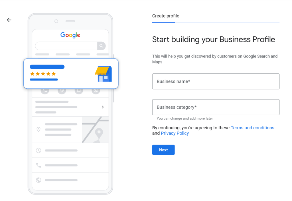 A page on the Google My Business site titled 'Start building your Business Profile' with two fields to type in.