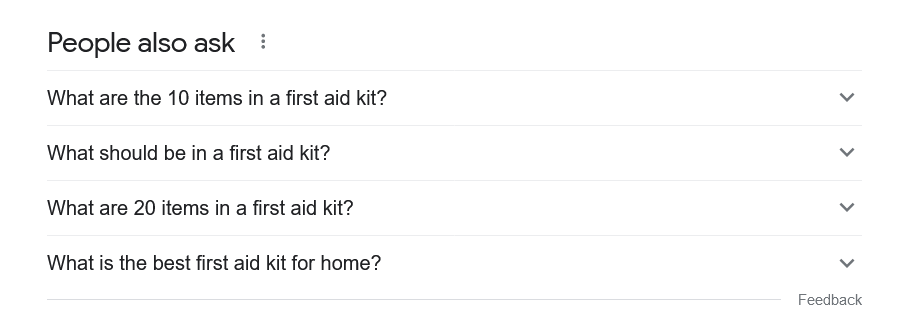 Google's 'People also ask' box for the query 'first aid kit.'