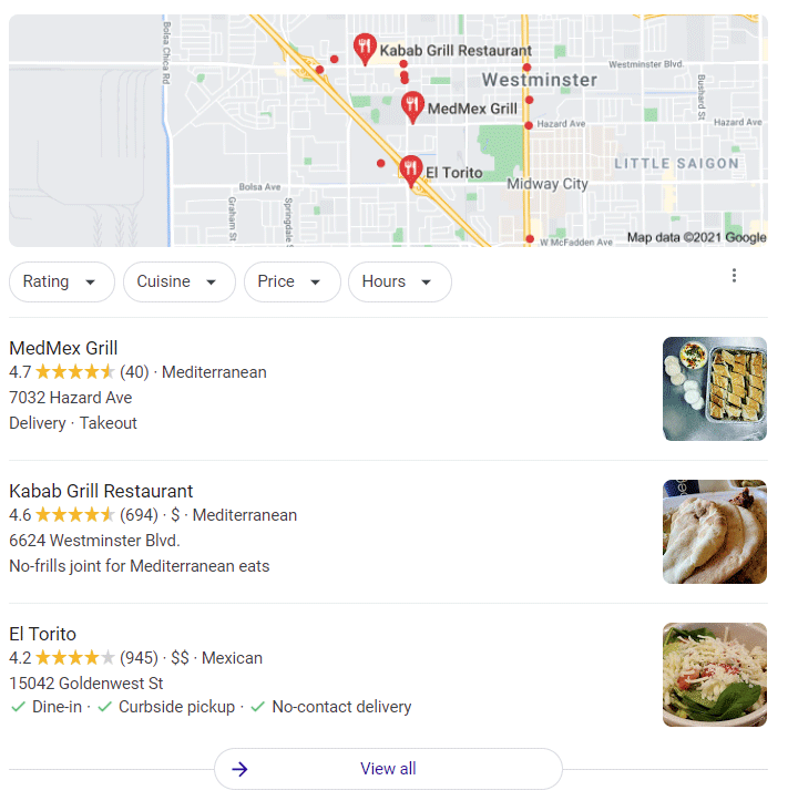 Screenshot showing an example of the Google local pack search results.