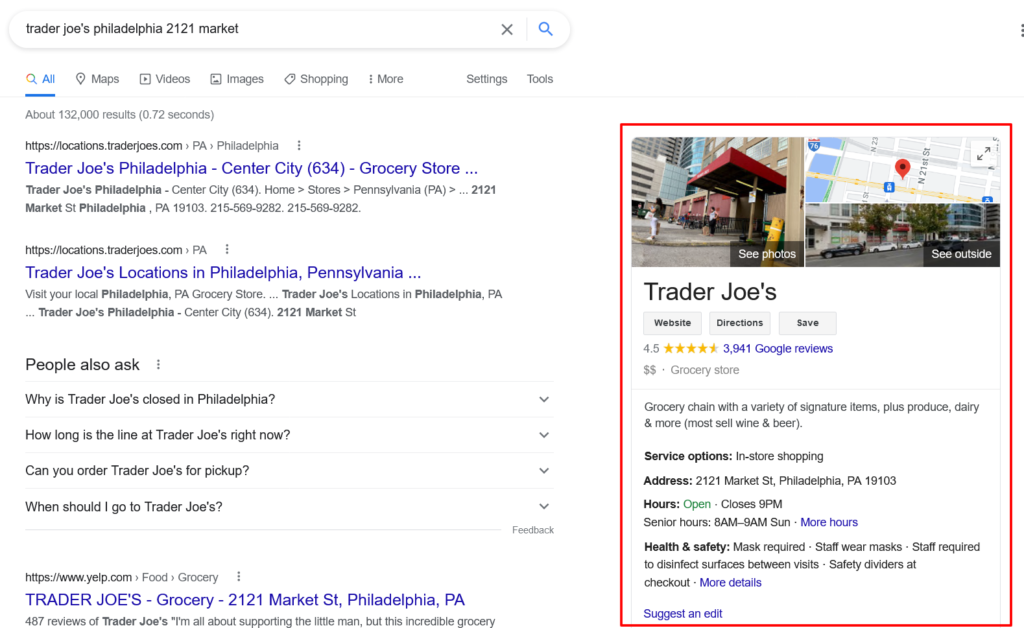 The search results for the query 'trader joe's philadelphia 2121 market,' with the Google My Business listing outlined in red.