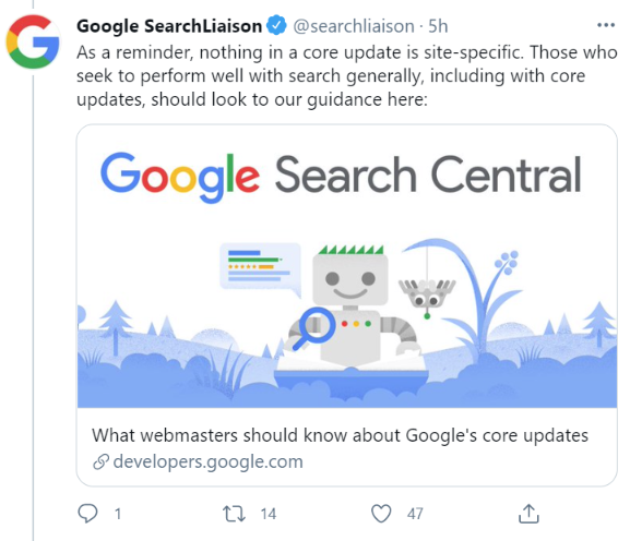 Tweet from Google Search Liaison announcing the broad core update being released today.