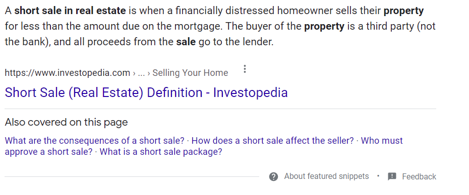 Screenshot showing an example of Google Featured Snippets