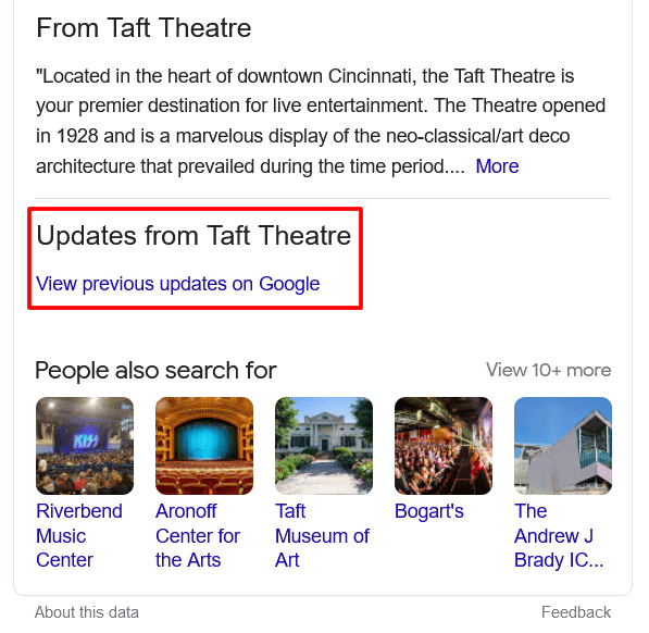 A section from the Taft Theatre's Google My Business listing titled 'Updates from Taft Theatre' outlined in red.