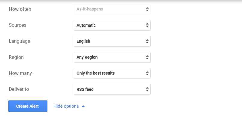 List of the options available when creating a Google Alert.