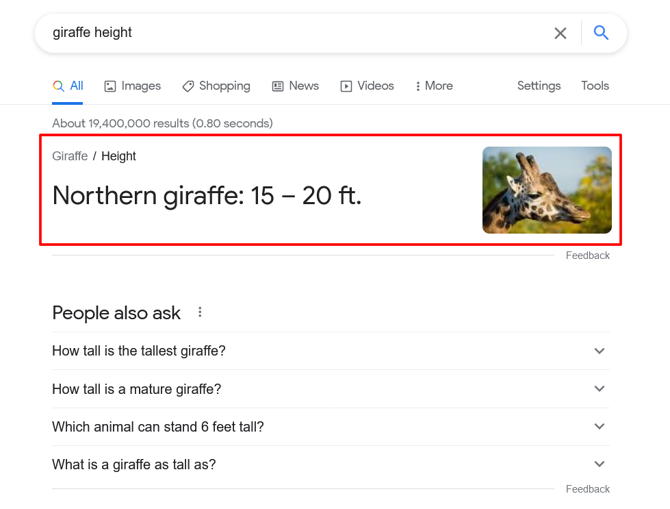 Google results for the query 'giraffe height,' with the answer of 15 to 20 feet outlined in red at the top.