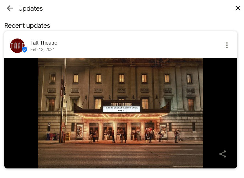 The 'Updates' section of the Taft Theatre's Google My Business listing, containing a video posted on February 12, 2021.